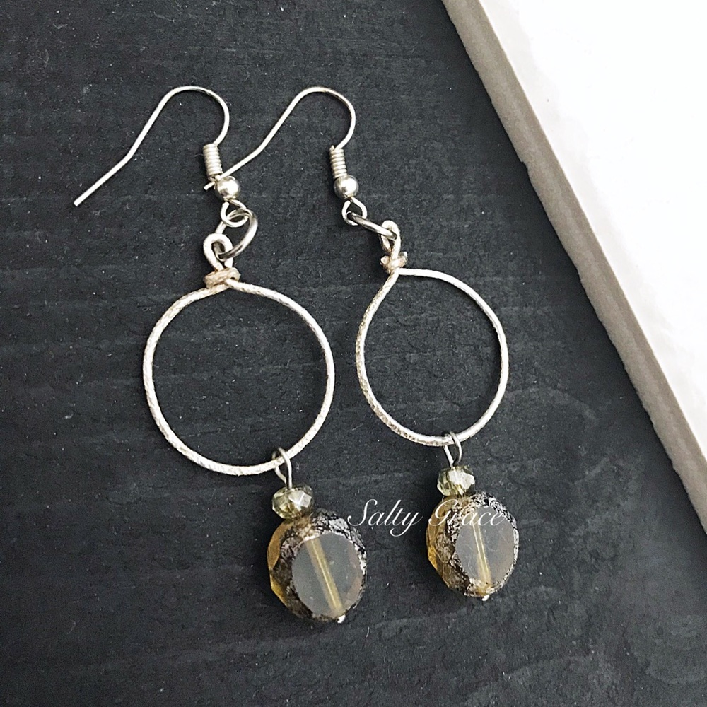 Olive mist glass silver hammered drop earrings
